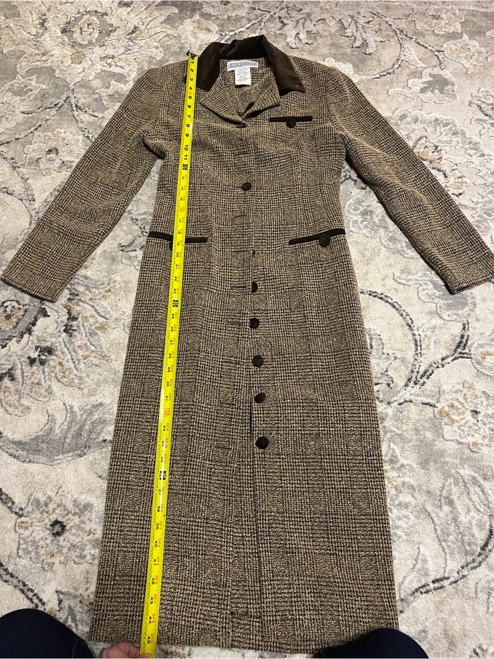 Jessica Howard Brown Herringbone Long Trench Coat with Dark Brown Velvet Trim
